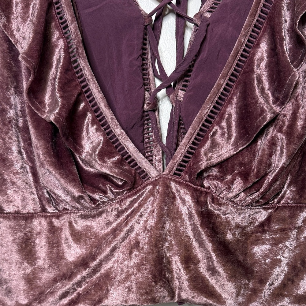 Free People Lilian Velvet Lace Up Back Ruffle Crop Top Lavender - Picture 4 of 7